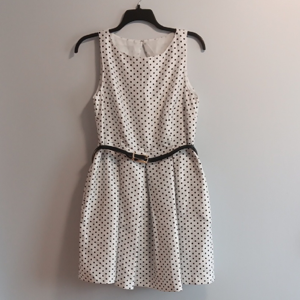 Danny & Nicole White w/ Black Polka Dots Sleeveless Dress w/ Pockets, Sz 12